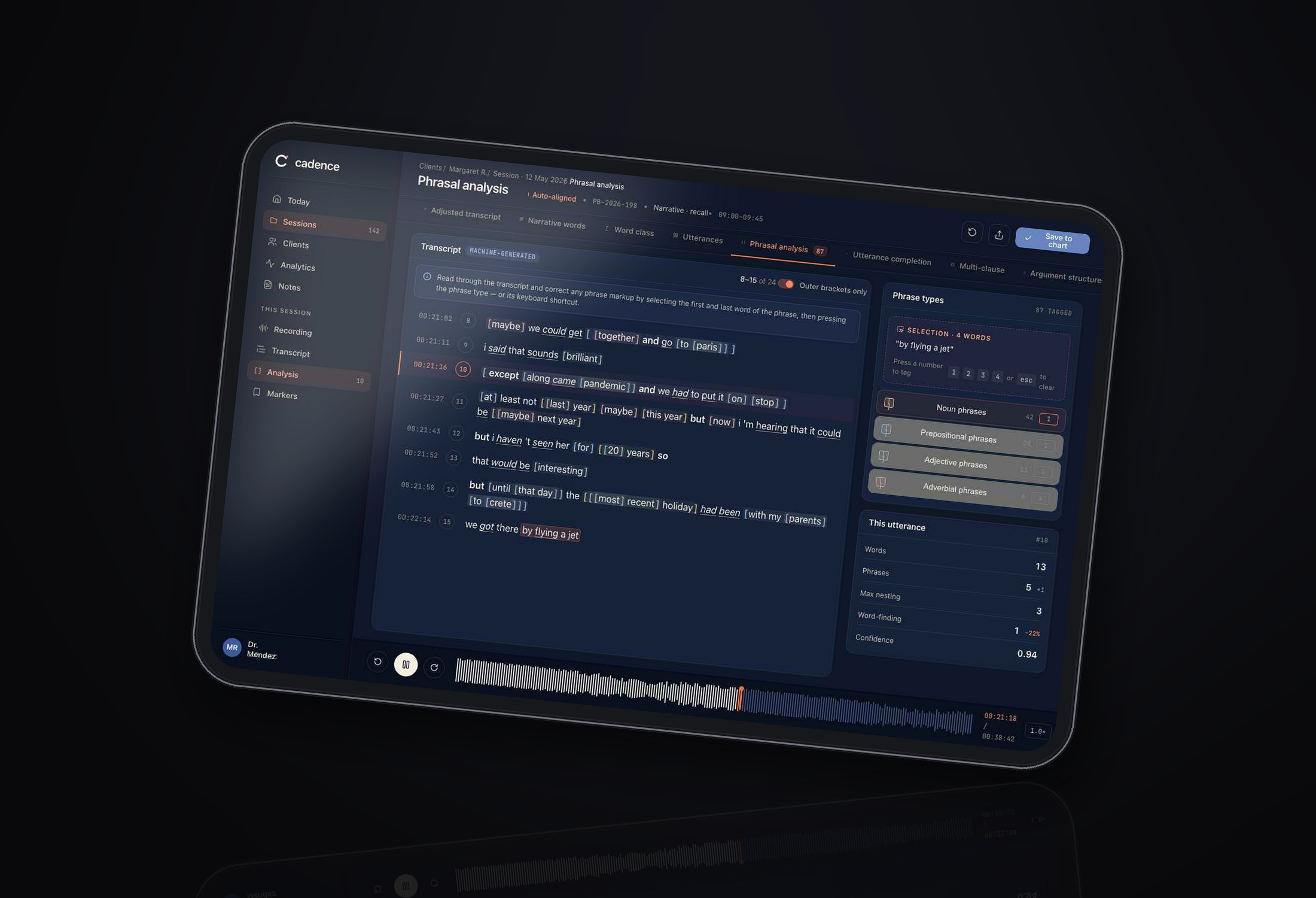 Cadence's phrasal-analysis workspace running on an iPad: transcript with phrase brackets, a phrase-types panel, and an audio waveform, on a dark studio background