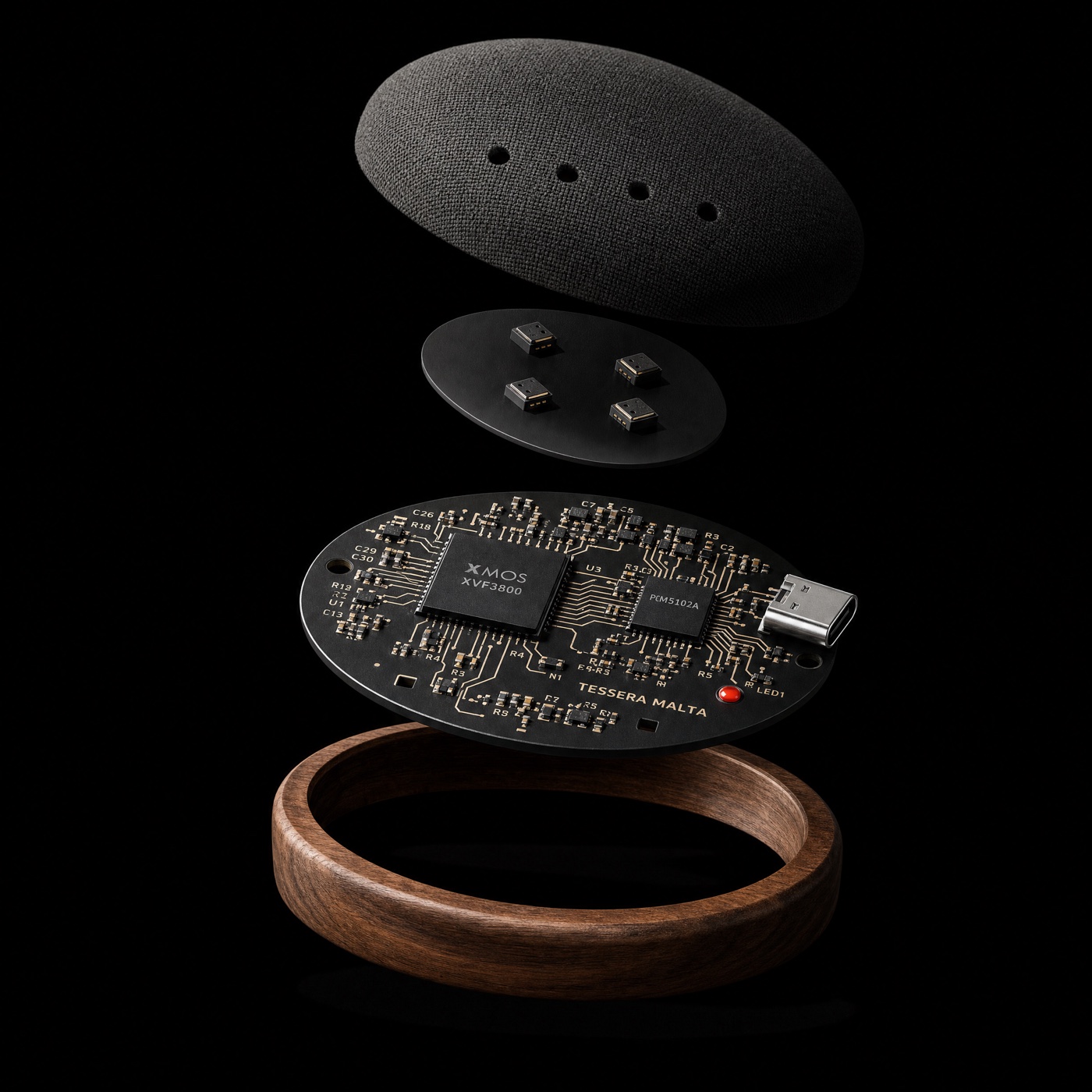 Exploded view of Hank's internals: the fabric lid with its port circle, a tilted disc of four MEMS microphones, a circuit board marked XMOS XVF3800 and PCM5102A with Sotto Sound silkscreened beside a single red node, and the walnut base ring