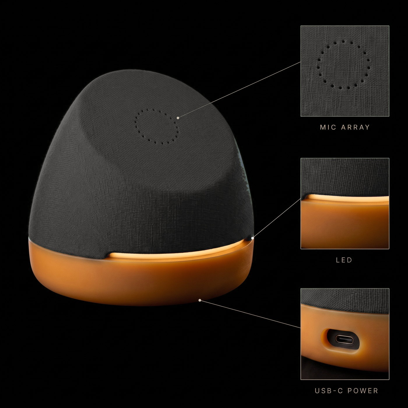 Hank concept sheet: the tilted charcoal dome device with annotated details for the mic array on the face, the LED under the lip, and USB-C power in the gum-rubber base