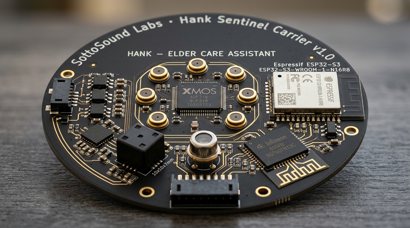 Concept render of Hank’s Sentinel Carrier: a matte black circular board with an XMOS voice processor at the centre, a ring of microphones, an ESP32-S3 radio module, a 60 GHz radar chip, and SottoSound Labs silkscreened around the rim